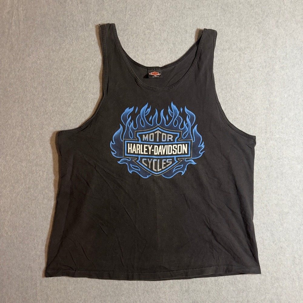Vintage 90s Harley Davidson Tank Top Mens XL Black Blue Flame Single Stitch vtg